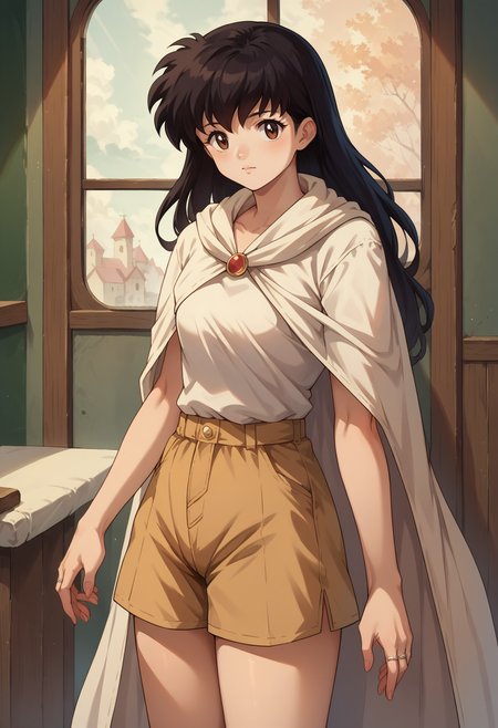 score_7, score_8_up, score_7_up, source_anime, 1girl, solo, looking at viewer, <lora:EPinKagumeSDXL-13:1.0>, EPinKagome, black hair, brown eyes, long hair, detailed background, cape, vermilion shorts, (ring), cowboy shot, indoors, [living room|kitchen|bed room|classroom|bath room| train interior| car interior|bus interior|bus stop|train station|changing room| stairwell]