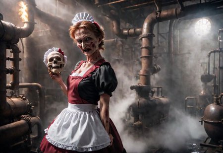 4k, Cinematic style of (Freddy Krueger:1) wearing (maid costume:1.2), holding a skull, old boiler room, old pipes leaking steam, old cellar. god rays, Shallow depth of field,  vignette,  highly detailed, high res, high budget,  bokeh,  Cinemascope,  moody,  epic,  gorgeous