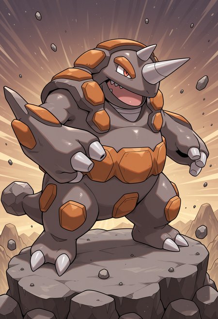 solo, rhyperior, pokemon \(creature\), horn, claws, anthro, red eyes, 3 fingers, feral, abstract background, 3 fingers, rock, mountains, wind, three-quarter view, open mouth,
perfect anatomy, masterpiece, perfect quality, best quality, detailed, newest, very aesthetic  <lora:Rhyperior_Pokemon_V1_ILXL:1.0000000000000002>