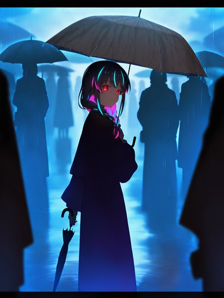 <lora:nai_ILL:0.8>,
higurashimei, <lora:HigurashiNoNakuKoroNi_doraIllustriousxlV10:0.8>,
<lora:Glowing_Spot_Color_-_Illustrious:0.6>, glowing eyes, streaked hair, glowing inner hair, glowing streaks,
1girl, 2others, black umbrella, blurry foreground, braid, depth of field, glowing, holding umbrella, letterboxed, looking at viewer, multiple others, outdoors, rain, ripples, silhouette,
