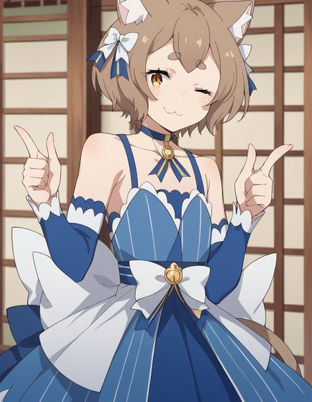 score_9, score_8_up, score_7_up, source_anime, <lora:felix-argyle-s3-p1-ponyxl-lora-nochekaiser:1>, felix argyle, short hair, bangs, brown hair, bow, animal ears, hair bow, male focus, cat ears, eyelashes, bob cut, thick eyebrows, white bow, otoko no ko,, dress, bare shoulders, collarbone, jacket, tail, pantyhose, detached sleeves, choker, striped, blue dress, vertical stripes, crossdressing, frills, skirt,, pagoda, tall, tiered, Asian, sacred, smile, <lora:double-finger-gun-ponyxl-lora-nochekaiser:1>, double finger gun,, blush, smile, one eye closed, from side, looking at viewer, solo,, dutch angle, cowboy shot