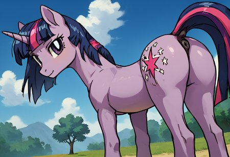 score_9, score_8_up, score_7_up, score_6_up, score_5_up, score_4_up, source_anime, anime screencap, anime coloring, retro artstyle, BREAK, tall  skinny slender slim equine Twilight Sparkle, unicorn, female, mare, pony, solo, horse butt, perfect butt, bubble butt, 8U881E, toned body, toned forelegs, outdoors, back roads, dutch angle, looking at viewer, perspective, <lora:EarlyAkira_v4:0.4> <lora:Pony_MLP_v1.5:1>  <lora:8U881E:0.6> <lora:pony_001:1> <lora:1990s_hentai-V1:0.4>