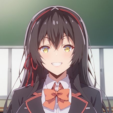 score_9_up, score_8_up, score_7_up, score_6_up, masterpiece, absurdes, highly detailed portrait, highres, high quality, best quality, high resolution, best quality, detailed eyes, high resolution
sayuki tokihara, long hair, black hair, ribbon, hair ribbon, yellow eyes, hairband, (huge breasts)
skirt, bow, school uniform, black jacket, black blazer, 
upper body, grin, breasts focus, 
indoor,  school, ,