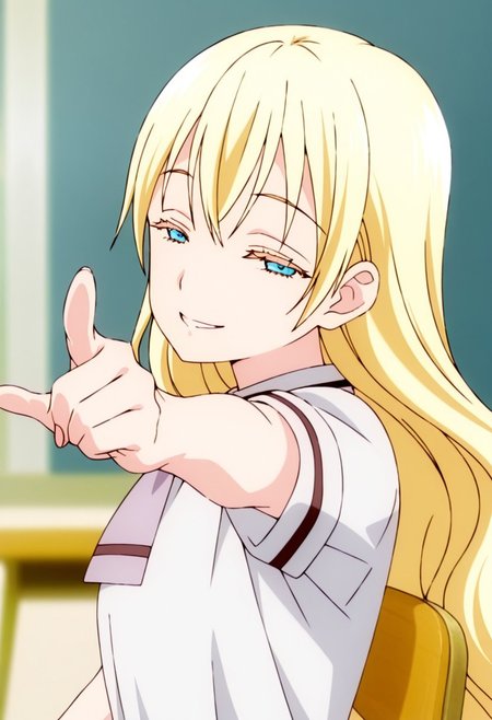 best quality, masterpiece, anime screencap, anime coloring, ultra detailed, source_anime, intricate details, perfect anatomy, 
olivia, 1girl, solo, long hair, blonde hair, very long hair, bangs, blue eyes, bangs, 
1girl, solo, looking at viewer, school uniform, pointing, shirt, short sleeves, chair, upper body, blurry, sitting, collared shirt, shiny smile, half-closed eyes,