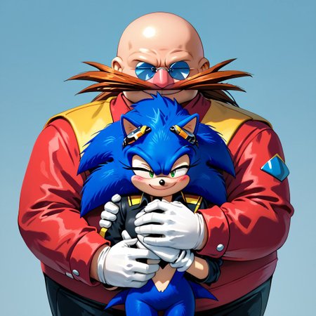 ((Dr Eggman hugging Sonic the Hedgehog)), ((HMOAF)), score_9, score_8_up, head tilt, hug, ((size difference)), ((hugging)), detailed, high resolution, cute, ((perfect detailed face)), ((hugging each other)), easynegative, ((bald human male hugging blue anthro female hedgehog)), blushing, (side by side)
[((Dr Eggman)), Eggman, 1boy, gloves, glasses, white gloves, facial hair, round eyewear, mustache, bald head, red military jacket, tall male, ((fat male, fat eggman)), smirk, handsome male, smug eggman, goggles on Dr Eggman's head]
((short female furry blue hedgehog)), 1girl, (female Sonic), Sonic_the_Hedgehog, female sonic the hedgehog, blue fur quills, green eyes, featureless chest, detailed fur, white gloves, (small sonic), small chest