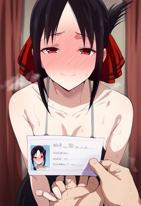 score_9, score_8_up, score_7_up, score_6_up,source_anime,smile, downblouse, nipples, sweat, sweatdrop, behind curtains, full-face blush, lust,steaming body, dark bedroom
,kaguya shinomiya, short hair, bangs, black hair, red eyes, hair ribbon, sidelocks, folded ponytail, parted bangs,
,<lora:POV_Fingering_Pony:1>, fingeringpov, fingering,
, <lora:POV_holding_ID:0.8>,ID card,pov,