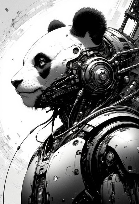 highly detailed and hyper realistic and dynamic.  This black-and-white retro anime image featuring a panda wearing a futuristic, armored spacesuit with a transparent helmet. Beeing depicted in profile, gazing upwards, with a thoughtful expression. The suit has various gadgets and a communication device on the chest. The background is minimalistic, with a stars in the upper left corner and a textured, abstract pattern. The lighting is soft, highlighting the determined face. The angle is slightly low and the style is a blend of sci-fi and manga/anime. highly detailed and hyper realistic. highest details and hyper realism.