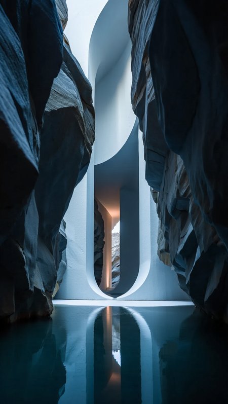 A surreal architectural portal stands within a dark rocky canyon, featuring smooth white curved surfaces intersecting with straight vertical elements to form an abstract gateway shape. The central structure is perfectly mirrored in a still body of water at its base, creating a symmetrical reflection. Rough, textured rock formations with jagged edges and weathered surfaces frame both sides of the portal. Cool blue-grey tones dominate the scene, while subtle warm lighting from an unseen source highlights the curved surfaces of the white architectural elements. The monumental structure is viewed from a low angle, emphasizing its towering presence within the narrow canyon walls. Architectural photography with dramatic low-angle perspective and sharp focus from foreground to background.