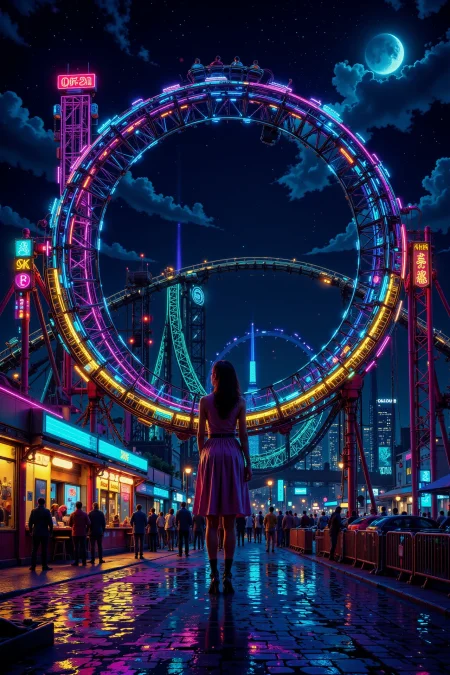 roller coaster, bright luminous night, woman, very intricate, very detailed, sharp, bright, colorful, <lora:Hand v2:0.5> <lora:Anti-Blur:1><lora:Insane Detail Slider:0.25>  <lora:flux.1_lora_flyway_Epic-detail_v2:0.3> <lora:fluxenhancer:0.25><lora:ck-Neon-Retrowave:0.4> ck-rw, in the style of ck-rw,  <lora:Neurocore Anime Cyberpunk:0.8> A digital artwork in the style of cknc