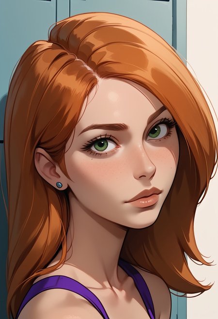 score_9, score_8, score_7, score_8_up, 1girl, bonnie and kim possible, (1petite, Kim Possible), Expressiveh, redhead, small neck, solo, freckles, (long hair, green eyes), smooth hair, medium hair, long eyelashes, collarbone, side view,  jewelry, piercings, close up view, (looking at viewer), close up view, in a school, light blue lockers, cheerleader top,