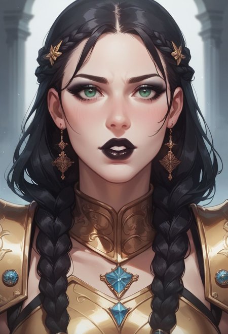 score_8_up, score_7_up, score_6_up, score_9, score_9, score_8_up, score_7_up, score_6_up, score_5_up, score_4_up,  castle, 1 girl, proud white muscular female medium black hair braids, pale skin white knight, long nails, black nails, golden armor, black lipstick, green eyes, black eyeshadow, close up.