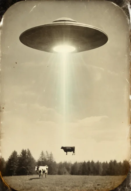 vintage scratched daguerreotype, ufo, levitating cow, light beam, distressed photo, film grain, grainy, blurry, low quality