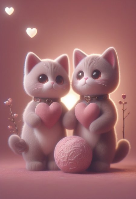 ral-smlvltnpls, masterpiece, best quality, absurdres, cats sitting on a tree branch, facing each other in an intimate and harmonious pose. The left cat is black, while the right cat is white, creating a striking contrast. They are surrounded by delicate, blooming branches with small flowers, adding a serene and romantic atmosphere. The background is softly blurred, focusing the viewer's attention on the cats and their interaction. The lighting is soft, emphasizing the texture of their fur and the gentle ambiance of the scene. pink heart in front of them, white sphere in the background, h4ra_illu, momosp