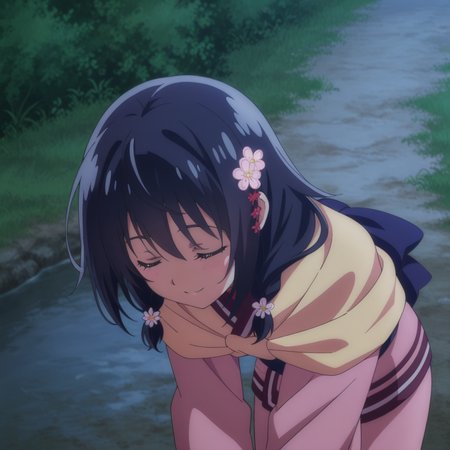 nsfw, masterpiece, best quality, 1girl, solo, seirei_gensouki_sayo, smile, bend your head or body forward, closed eyes, hair ornament, japanese clothes, kimono, hair flower, black hair, short hair, outdoor, <lora:Sayo_-_Seirei_Gensouki:0.7>