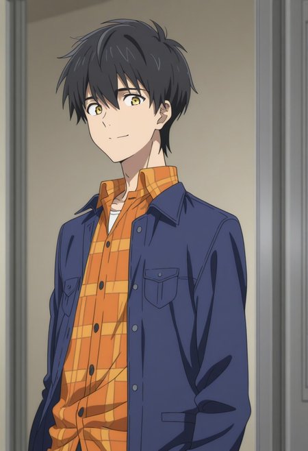 masterpiece,best quality,amazing quality, source_anime, 
KurouSakuragawa, 1boy, male focus, solo, yellow eyes, black hair, shirt, plaid shirt, collared shirt, open shirt, orange shirt, blue jacket, open jacket, smile,