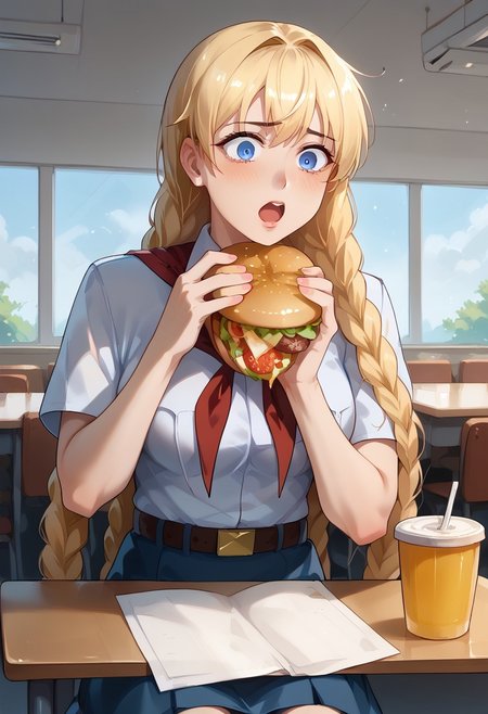 score_9, score_8_up, score_7_up, score_6_up, score_5_up, score_4_up, detailed eyes, detailed skin, source_anime, source_anime, masterpeice, best quality, very aesthetic, absurdres, BREAK
<lora:Expressive_H:1>,<lora:Everlasting_Summer_Slavya_by_GraffMetal:0.8>, slavya, blonde hair, very long hair, long hair, twin braids, blue eyes, 1girl, medium breasts, shiny skin, BREAK, white collared shirt, short sleeves, red neckerchief, neckerchief, belt, blue skirt, BREAK, inside, cafeteria, table, chair, 
<lora:Everlasting_Summer_Vanilla_Backgrounds_by_GraffMetal:0.7>, <lora:Everlasting_Summer_Vanilla_Art_Style_by_GraffMetal:0.7>, BREAK, sitting, burger, eating burger, burger malfunction, shocked,