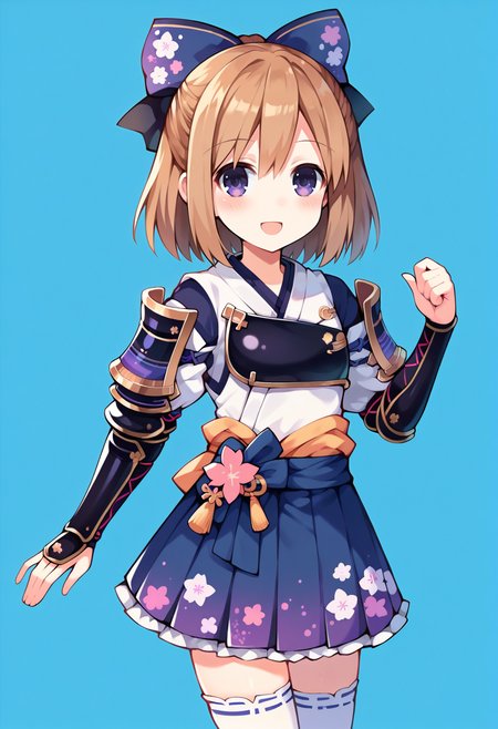 score_9, score_7_up, hd, (ultra hd quality details), source_anime, blue background,
solo, 1girl, defrombase, brown hair,
japanese clothes, armor, japanese armor, kote, hair bow, purple skirt, white thighhighs,
looking at viewer, smile, blush, open mouth, 
standing,
 <lora:_rom_neptunia-elesico-ponyv1:0.9>