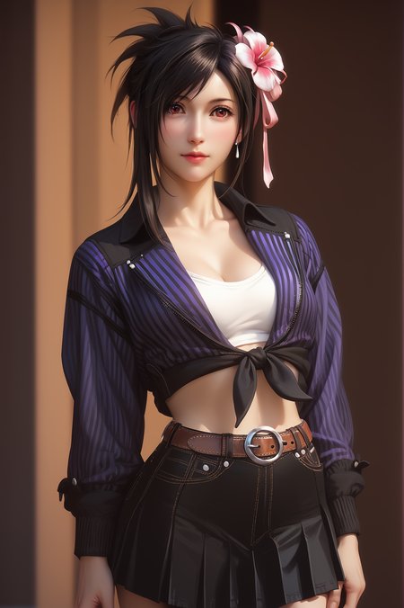 score_9, score_8_up, score_7_up, score_6_up, score_5_up, score_4_up,realistic, 
 glamour(tifa) ,1girl,tifa lockhart, short hair, hair flower, ponytail, 
serafuku, open jacket,pleated skirt, <lora:Glamour(tifa)XLPony:1>