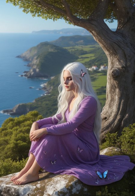 score_7_up, (photorealism:1.5) female, sitting on a rock, 3 magical butterflies flowing around her, reflective expression, gazing at a majestic tree, calm coastal village in the background, soft lighting, vibrant colors, high contrast, hyper-realistic, serene pose, detailed, high-definition, peaceful mood, contemplative atmosphere, slight freckles, long eyelashes, long white hair, glowing purple eyes, raised knee

Background: A serene coastal village nestled between lush green hills and a sparkling blue sea. Rustic wooden houses and vibrant gardens blend with smoke rising from chimneys. A majestic tree stands tall, its branches stretching out. Soft, golden sunlight highlights the tranquil beauty.

The woman sits on a moss-covered rock, her posture relaxed yet contemplative. Her long white hair flows gently, catching the light. Glowing purple eyes gaze at the tree, reflecting wonder. Three magical butterflies with iridescent wings flutter around her. Slight freckles and long eyelashes add natural beauty. Her raised knee and serene pose convey peace.

(8K UHD:1.4).
(((full-clothed))),
 <lora:add-detail-xl:1>
 <lora:Dynamic Poses:1>