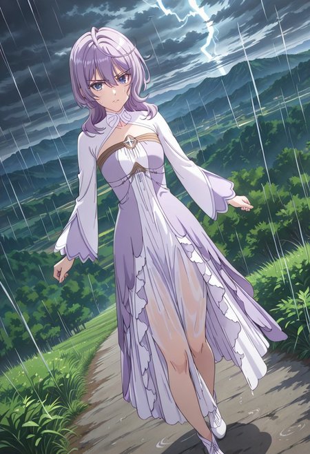 score_9, score_8_up, score_7_up, dynamic view, eye_focus, solo, looking_at_viewer, 1girl, 
masterpiece, best quality, bokeh, luminescent background,
( philiaa denauer,  purple hair, ahoge, long hair, blunt bangs, hair over shoulder, hair betveen eyes, purple eyes, small breasts,   closed mouth, serious face,    dress, two-tone dress, purple dress, white dress, sidelocks, long sleeves, white shoes,
 ),
outdoors, storm, (rain:1.2), cloudy sky, dark clouds, lightning, wind, spread arms, outstretched arms, full body, dutch angle, cleavage, , scenery, mountainous horizon, wet clothes, wet, wet hair, looking at viewer, wet dress, see-through dress, v-shaped eyebrows, closed mouth