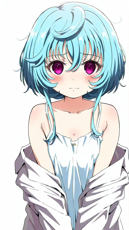 white_background,simple background,1girl,solo,full_shot,looking_at_viewer,<lora:Maryberry_Illustrious_v8:1>,Maryberry,blush,anime screenshot,sincos,looking_up,labcoat,camisole,oversized_clothes,shy,covering,white camisole,, masterpiece, best quality