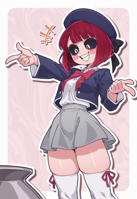masterpiece, best quality, lazypos, reagan long style, pixelsketcher, no furniture, 
TOONCITY_ST,Rapscallionstyle,
BREAK,
nnnnnsty, blush stickers,black sclera,black eyes,bags under eyes, solid oval eyes, white eyes,outline, white outline,

1girl, solo,arima kana, grin, (laughing, mocking), pointing at user, legwear, skirt, white top, red ribbon, blue jacket, short hair, bangs, red hair, hat, berret, smple background, sexy, mature, medium breasts, thighs