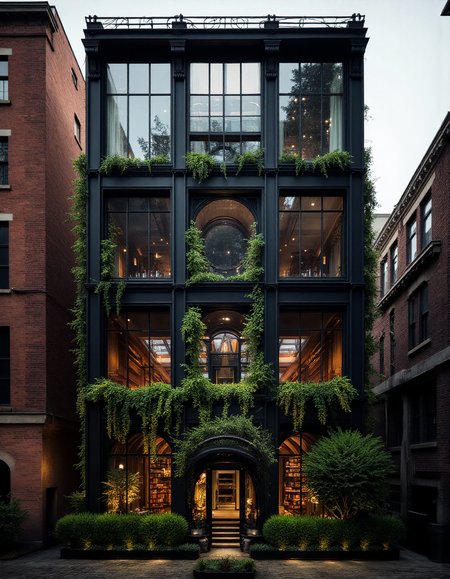 A striking, modern townhouse with a blend of historical and contemporary architecture, featuring a facade of arched, circular windows framed in black steel. The exterior is made of a mix of dark brick and stone, with intricate masonry surrounding the windows. Warm, ambient lighting from within the house highlights the elegant design of the interior, visible through the large, glass-paneled archway on the ground floor. The interior is illuminated with soft, golden light, showcasing a cozy, open-plan living space with modern furnishings and bookshelves. The upper floors feature large circular and arched windows, creating a geometric contrast with the rectangular shape of the house. The scene is set at twilight, with the sky darkening and the warm lights creating a welcoming glow. The foreground features a small garden with manicured bushes and stepping stones leading up to the front entrance. aidmaHyperrealism <lora:aidmaHyperrealismv0.3:0.6>  <lora:Sinfully_Stylish_.02_for_FLUX:0.6> in the style of Jed-clrfl <lora:flux-colourful:0.3>  <lora:FluxDFaeTasticDetails:0.6>