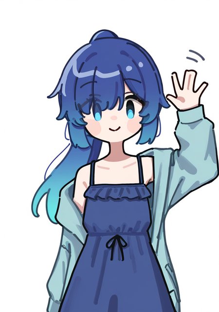 masterpiece, best quality, very aesthetic BREAK 1girl, solo, eyes visible through hair, blue hair, long hair, jacket, ponytail, smile, bare shoulders, off shoulder, looking at viewer, multicolored hair, bangs, sleeveless dress, white background, waving
<lora:noob05-Kyora-san-unet only-jan31-step00002464:1>