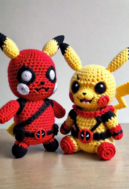 Crocheted Pikachu and Deadpool