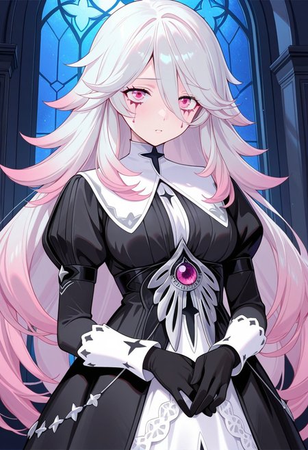 AMAZING QUALITY, MASTERPIECE, 1GIRL, CHIARA, WHITE HAIR, PINK HIGHLIGHTS, PINK EYES, DRESS, EYE STAINS, GLOVES