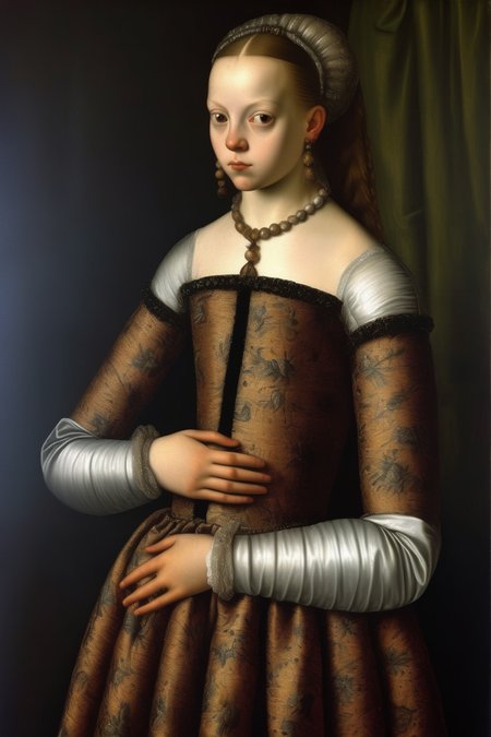 <lora:Sofonisba Anguissola Style:1>Sofonisba Anguissola Style - the young girl wears a magnificent gorgeous dress made of very rich silk, covering her arms Her hair are attached