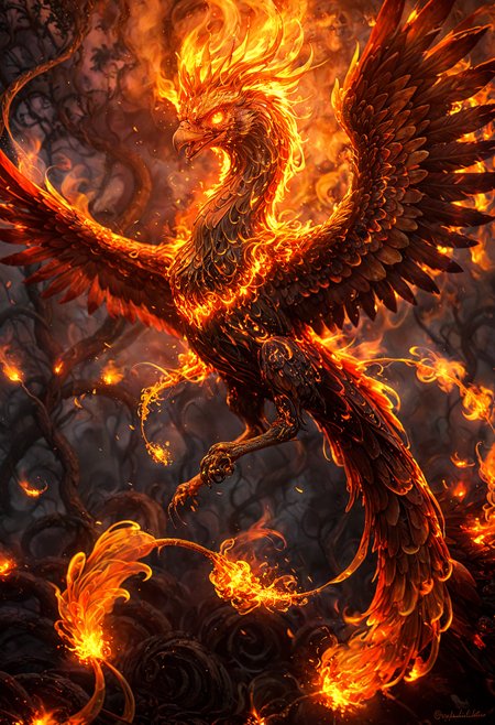 A phoenix burning with fiery flames, suspended amidst swirling tendrils of smoke, a majestic phoenix emerging from hell, photographed in a mystical, low-light atmosphere at dusk with warm golden sunset hues casting an ethereal glow, infused with deep crimson and amber tones. and subtle shadows, as if captured in some ancient and fantastic prophecy. In the background many loose feathers, ashes and fire, <lora:aidma-Image UpgraderXL-v0.1:1>, detailemaximizer, <lora:PsychadelicChaosWorldMorphXL:1>, PsychadelicChaos, psychadelic,