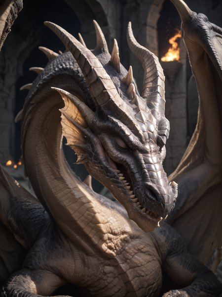 <lora:MH_Fatalis_a1_9_PonyXL:0.7>,score_9,score_8_up,score_7_up, nature photography, front, head level shot,
moonlight, bloom, subsurface scattering, sharp hyper detailed, softlight, , (shiny metallic skin:1.2), (ultra-detailed small micro scales), bright highlights,
fatalis,feral, massive size, wings like a metallic blanket, (wide head:1.2) ,solo,hi res,detailed background,burning fire castle ruins, neck, closed eyes,sleeping,
<lora:RM_Enhancer_v1.0_bf16:.1>  <lora:p:.2> <lora:Add_More_details_SD3:.5> ,
