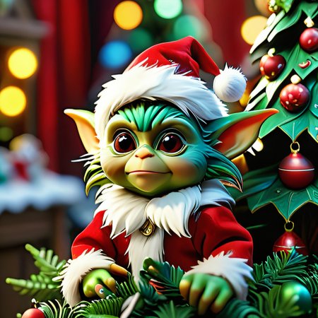 masterpiece, intricate photo, christmas gremlin, background kids elven toy factory at the north pole, christmas tree, festively decorated, christmas gifts, photo realistic, hyper realistic, highly detailed, sharp focus, best quality, high resolution, colorful, vibrant colors, studio lighting, 8K