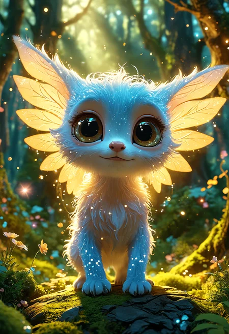 concept art A delightful, 3D-style mythical creature with a body made of translucent stardust, glowing and sparkling, as it chases fairies through an enchanted forest bathed in magical light<lora:add-detail-xl:0.5> <lora:MJ52:0.5> <lora:sss:0.5>, professional 3D design of a cute and adorable cartoon character with big eyes, charming animation, endearing personality, exaggerated features, dynamic pose, captivating expression, expert character design, vibrant and colorful textures, engaging storytelling, versatile animation style, high-quality render, volumetric, 4k . digital artwork, illustrative, painterly, matte painting, highly detailed