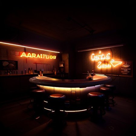 RAW photo, OverallDetail, (masterpiece:1.3), subsurface scattering, heavy shadow, (high quality:1.4), (intricate, high detail:1.2), professional photography, HDR, High Dynamic Range, realistic, ultra realistic, photorealistic, high resolution, film photography, ambient lighting, atmospheric effects, bar \(place\), black hair, bottle, cyberpunk, cyclu, drinking glass, graffiti, multiple boys, multiple girls, neon lights, shadow, standing, stool