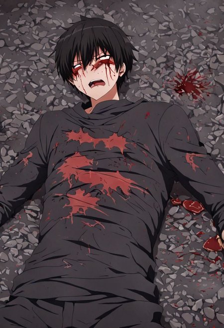high resolution, solo, best quality, 1Boy, Kanie Seiya, Black Hair, fell down, revenged, conquered, dying, battered, bruised, OverallDetail