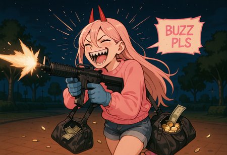 embedding:IllusP0s, buzz pls, speech bubble, firing ar-15, gold coin duffle bag, blue gloves, 1girl, power_\(chainsaw man\), laughing, sharp teeth, outdoors, night, park, pink sweater, jean shorts,<lora:buzz pls, speech bubble_illustrious.safetensors:1.0:1.0> <lora:firing ar-15, money duffle bag, blue gloves_illustrious.safetensors:1:1>