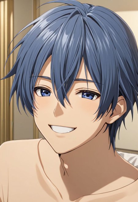 Tomoya Okazaki, masterpiece, best quality, (1boy), solo, male focus, High definition, grey blue hair, 4K, narcissistic, smile