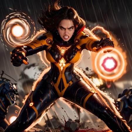 score_9, score_8_up, score_7_up, score_6_up,
stellartachy, 1girl, solo, black  hair, black eyes, long hair, (Large black round armored Shoulder pads:1.4), (look at viewer, perfect eyes; 1.5), perfect lips, (very angry, teeth, crying eyes:1.6)
Large hips, tight waist,
(orange neon lines), ( black glowing plugsuit:1.3), cyberpunk gloves, 
(Wet rain, worm, hurricane: 1.5),
cowboy shot, white background, (epic, movie scene , action scene, fight, colorful, bokeh, god light:1.4), (motion blur, action shot:1.74)
(Blood of enemies dripping from everywhere: 1.5),
(excessive Kamehameha power ball magic light neon effect:1.8), (motion vibrations, destruction: 1.5)