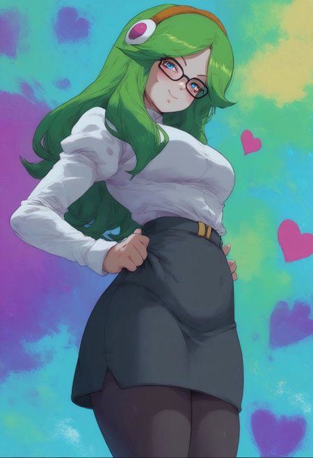 safe_pos, score_9, score_8_up, score_7_up, solo, female, extremely detailed, brianne, long hair, green hair, blue eyes, white blouse, black pencil skirt, black leggings, black glasses, hearts background, looking at viewer, smirk, blush, view from below