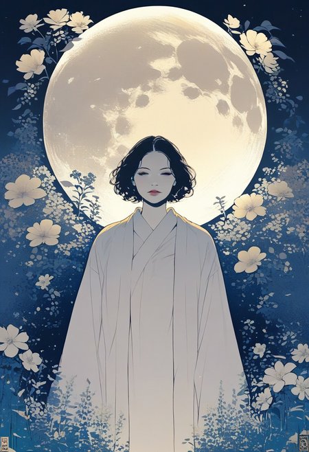 zPDXL3, 1woman, robe, moon, flowers, white skin, highly detailed,   high resolution, best quality, sharp quality,  clear quality, High-definition, smooth image, bright colors, vibrant colors, clean lines,
