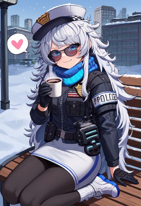 score_9,score_8_up,score_7_up, rating_general, masterpiece, source_anime, zPDXL2, city background,  new york city, police car, police siren, police light, snowy background, snow, BREAK,  <lora:Poli-000005:1>, zpolisweet, 1girl, zpolic_outfit,  solo, long hair, looking at viewer, smile, bangs, blue eyes, skirt, gloves, long sleeves, hat, holding hot chocolate, sitting on a park bench, drinking hot chocolate, smile, blushing, spoken heart, very long hair, closed mouth, jacket,  , white hair, shoes, black gloves, scarf, holding weapon, black jacket, gun, white headwear, sunglasses, white footwear, white skirt, messy hair, sneakers, leggings, tinted eyewear, black leggings,