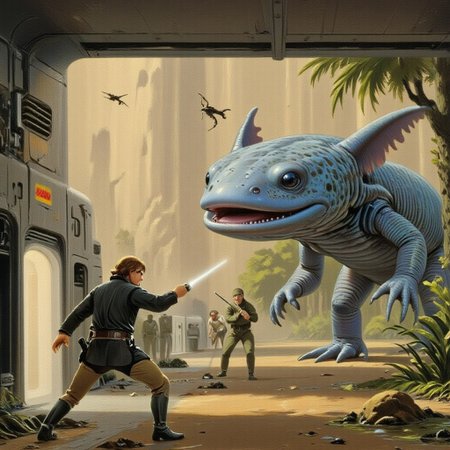 ralphmcq1 painting, On the left, luke skywalker with his lightsaber at the ready awaiting an attack, on the right a giant Axolotl, on a swampy alien planet, Ralph McQuarrie style