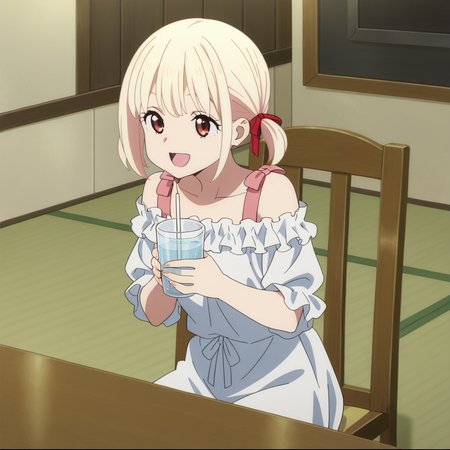 nsfw, masterpiece,best quality,amazing quality,1girl, solo, lycoris_recoil_chisato_nishikigi, blonde hair, red eyes, anime coloring, short hair, ribbon, hair ribbon, smile, chair, bangs, open mouth, sitting, twintails, red ribbon, cup, indoors, holding, short twintails, drinking glass, dress, off shoulder, frills, drinking straw, :d, shadow, shirt, ,<lora:Chisato_Nishikigi_-_Lycoris_Recoil:0.7>