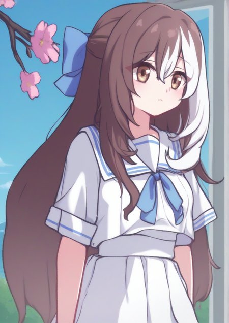 1girl, by kodoto, blue neckwear, blue ribbon, blue sky, branch, brown eyes, brown hair, closed mouth, day, flower, hair between eyes, long hair, looking away, multicolored hair, neck ribbon, outdoors, pink flower, pleated skirt, ribbon, sailor collar, school uniform, serafuku, shirt, short sleeves, skirt, sky, solo, two-tone hair, white hair, white sailor collar, white serafuku, white shirt, white skirt, window, <lora:Panatisia:1>