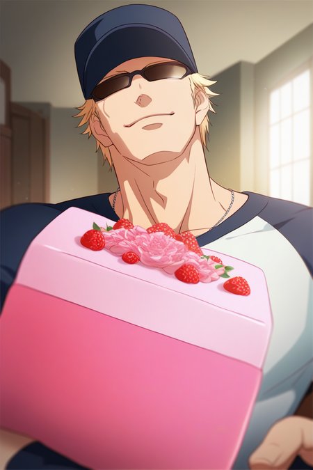 score_9, score_8_up, score_7_up, source_anime, rating_questionable, realistic shading, cute theme, holding a cake, male focus, looking at viewer, expressive face, stillkof, black_stillkof_hat, blonde_stillkof_short hair, black_stillkof_sunglasses, 1boy, happy, wide smile, shiny skin, shirt, indoors living room, dynamic angle, intricately detailed illustration, depth of field, atmospheric perspective, masterpiece, best quality, amazing quality, very aesthetic, absurdres, newest, anime screencap