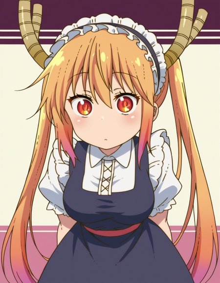 zPDXL, score_9, score_8_up, score_7_up, source_anime, (portrait),  <lora:KobayashiDragonPack:1> drgmd, 1girl, solo,
tohru \(maidragon\), blonde hair, two-tone hair, orange hair, horns, red eyes, orange eyes , waitress wearing Elegant burgundy dress with a draped neckline, patterned stockings, black heels, retro-style headband with a bow, wearing a wristwatch,