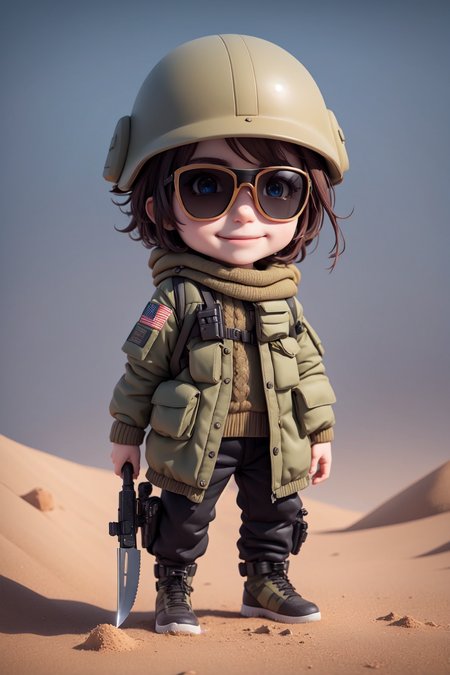 (masterpiece),(best quality),(ultra-detailed), (full body:1.2), 1boy,chibi, smile,(beautiful detailed face), (beautiful detailed eyes), (Simple and clean style_1.5), tactical vest, long overcoat, ballistic gear, black gear, (brown sweater),
sniper rifle, camouflage pants,  checkered sash,  knife,  desert,  sand, wind,  military helmet,  sunglasses,  
 <lora:blindbox_V1Mix:1> ,