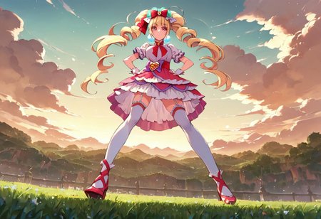 curemacherie, high heels, garter straps, thighhighs, outside,  score_9, score_8_up, score_7_up, ,source_anime, best quality, masterpiece,   , full body view ,collarbone ,  1girl , solo , girl focus, large breasts,  score_9, score_8_up, score_7_up, ,source_anime, best quality, masterpiece, , garter straps , 1girl , solo , girl focus,, full body view, facing viewer, hands on hips, low angle view, from below, standing, outside , day, field,